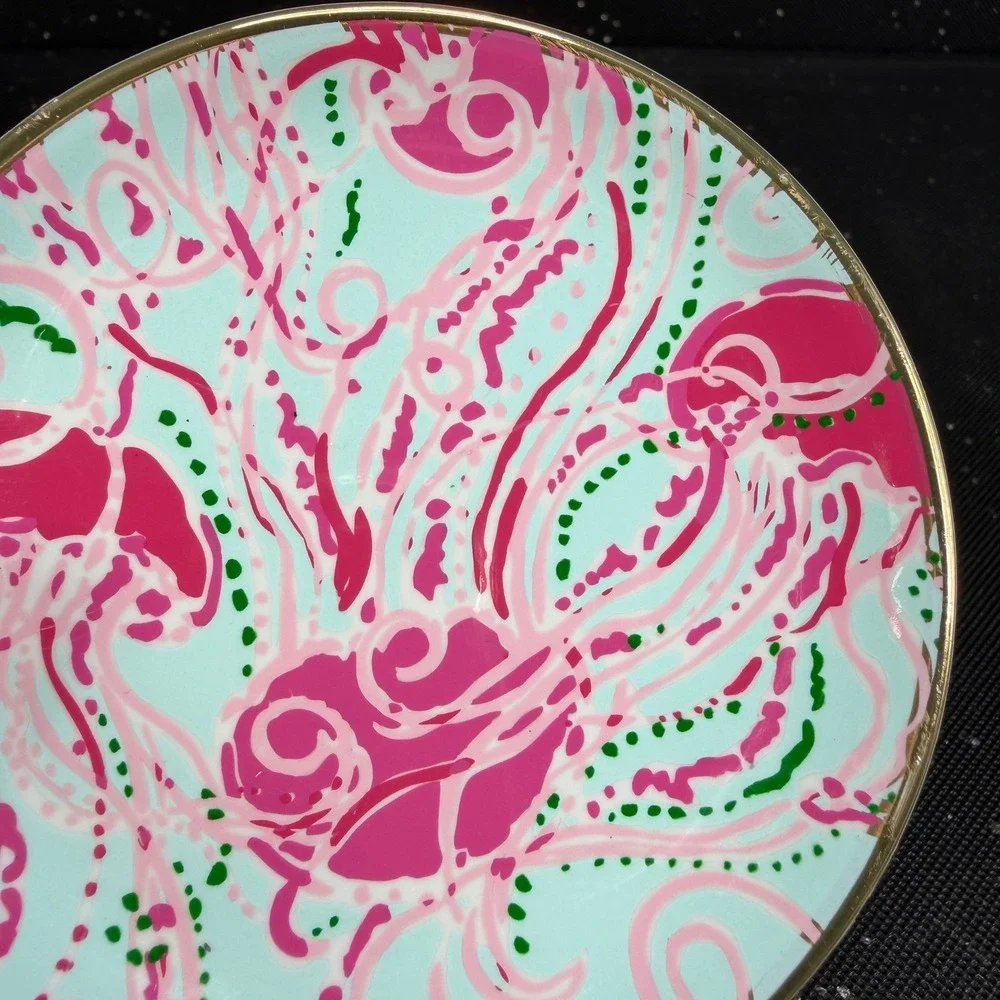 Lilly Pulitzer Ceramic Trinket Dish Set 4 Pink Blue Floral Gold Rim 4 Inch